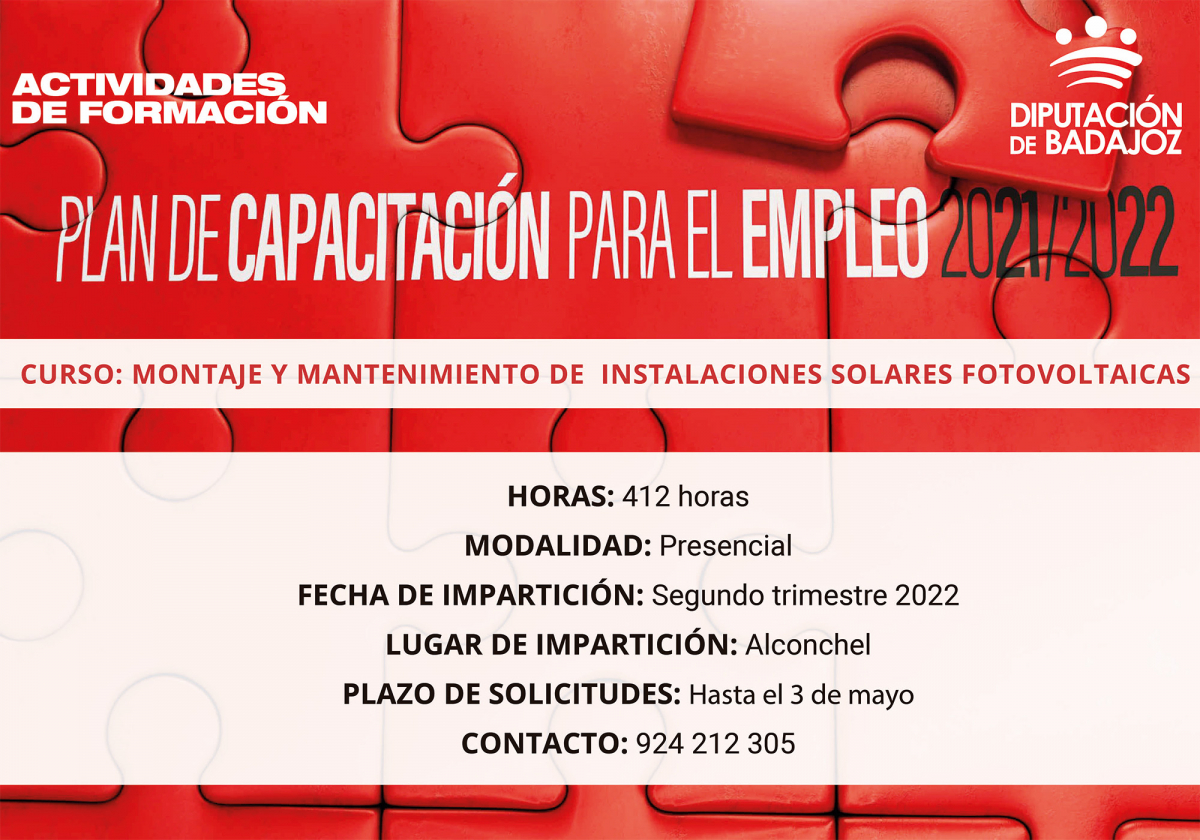 Abierto plazo de solicitudes para el curso de ‘’Montaje y Mantenimiento de Instalaciones Solares Fotovoltaicas’’ en Alconchel
