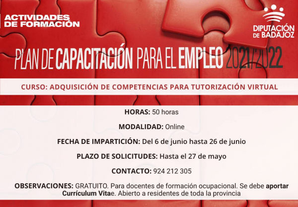 Imagen: Nuevo curso del Plan de Capacitación 21-22 en ‘’Adquisición de competencias para tutorización virtua...