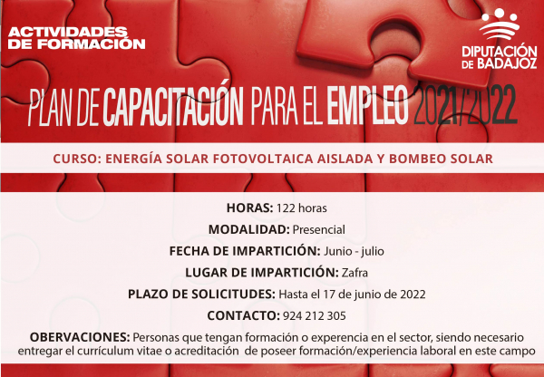 Imagen: Nueva acción formativa presencial en ‘’Energía solar fotovoltaica aislada y bombeo solar’’ en la loc...