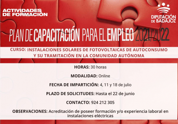 Imagen: La Diputación de Badajoz inicia una acción formativa online en ‘’Instalaciones solares fotovoltaicas...