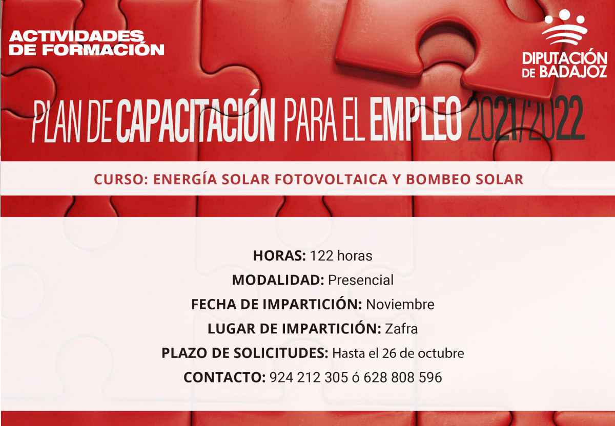 Diputación de Badajoz abre el plazo de solicitudes para la acción formativa de ‘’Energía solar fotovoltaica aislada y bombeo solar’’ en Zafra