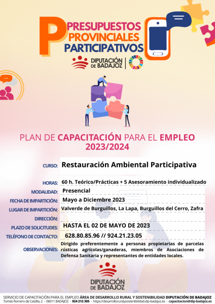 Imagen: Diputación de Badajoz abre el plazo de solicitud para la acción formativa en ‘’Restauración ambienta...